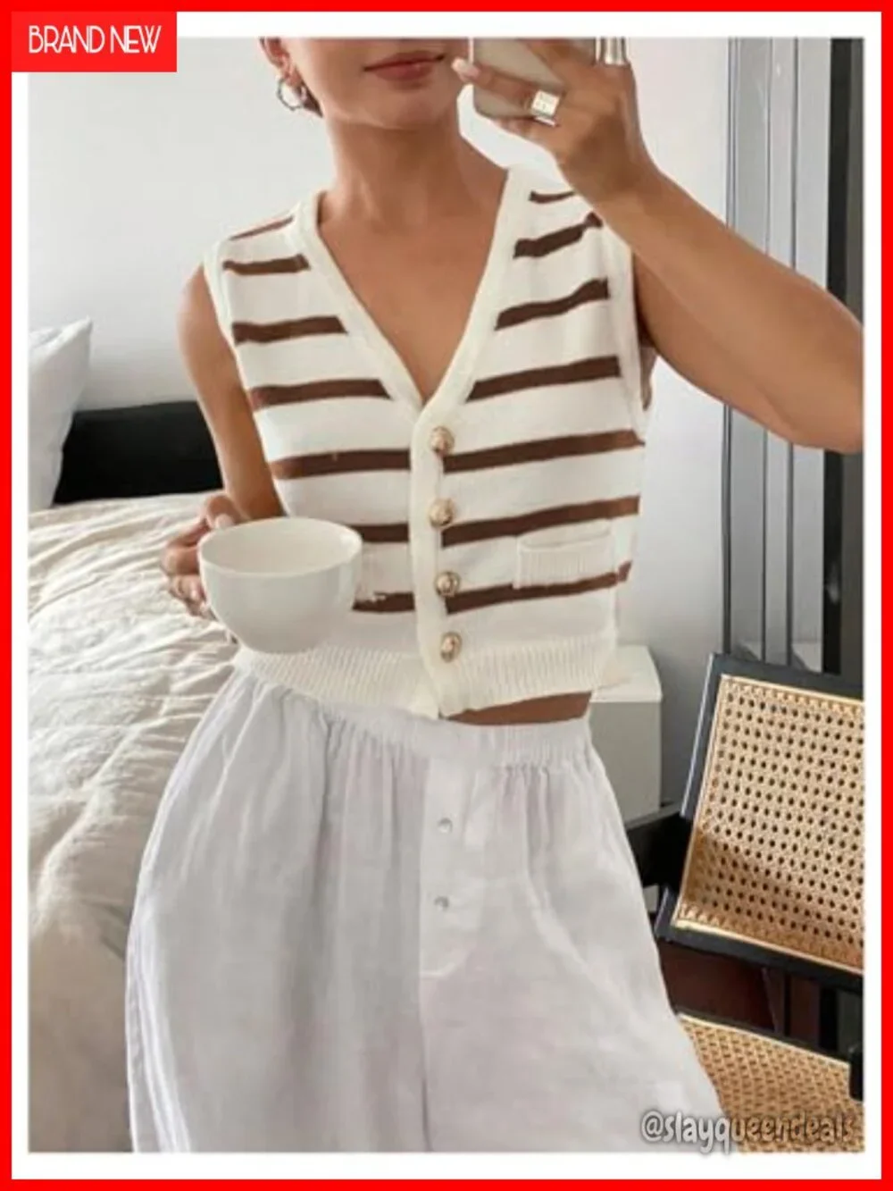 Striped Button Up Cropped Sweater Vest Sleeveless V Neck Knit Tank Top
